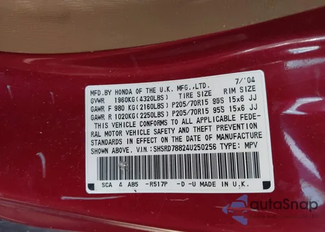2004 Honda Cr-V Ex z USA, uszkodzony, nr VIN SHSRD78824U250256